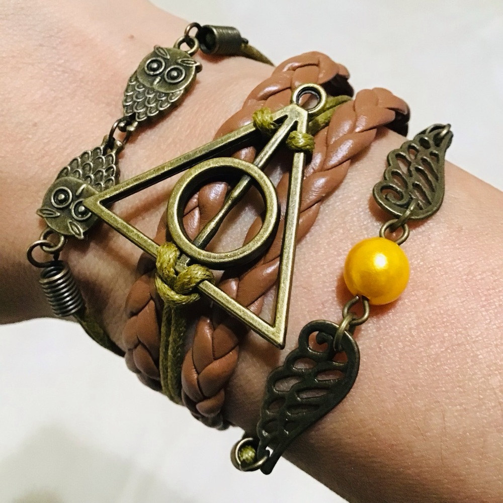 Harry Potter Brown and Yellow Multi-Layer Bracelet with Owl and Triangle Charms